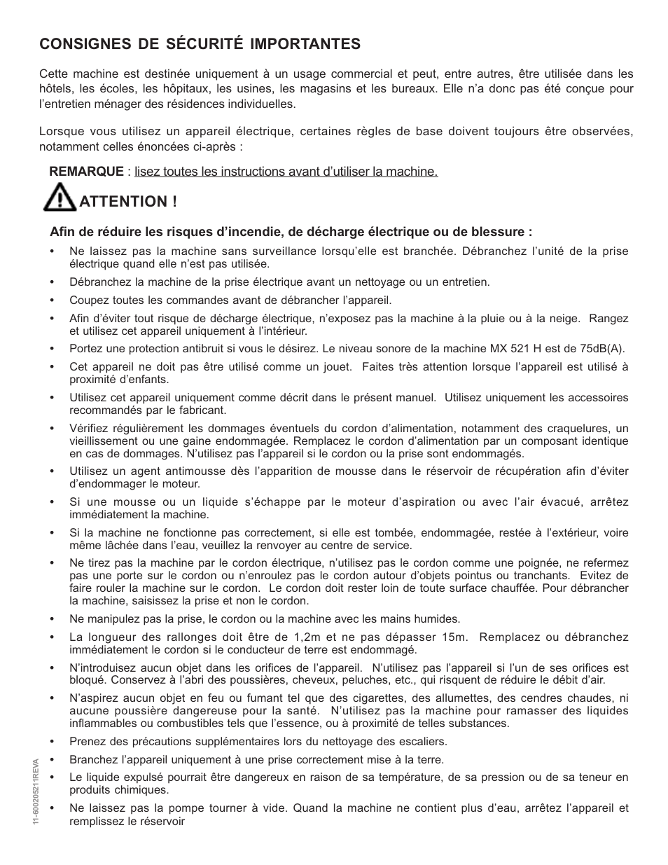 Consignes de sécurité importantes, Attention | Nilfisk-ALTO MX 521 H User Manual | Page 12 / 80