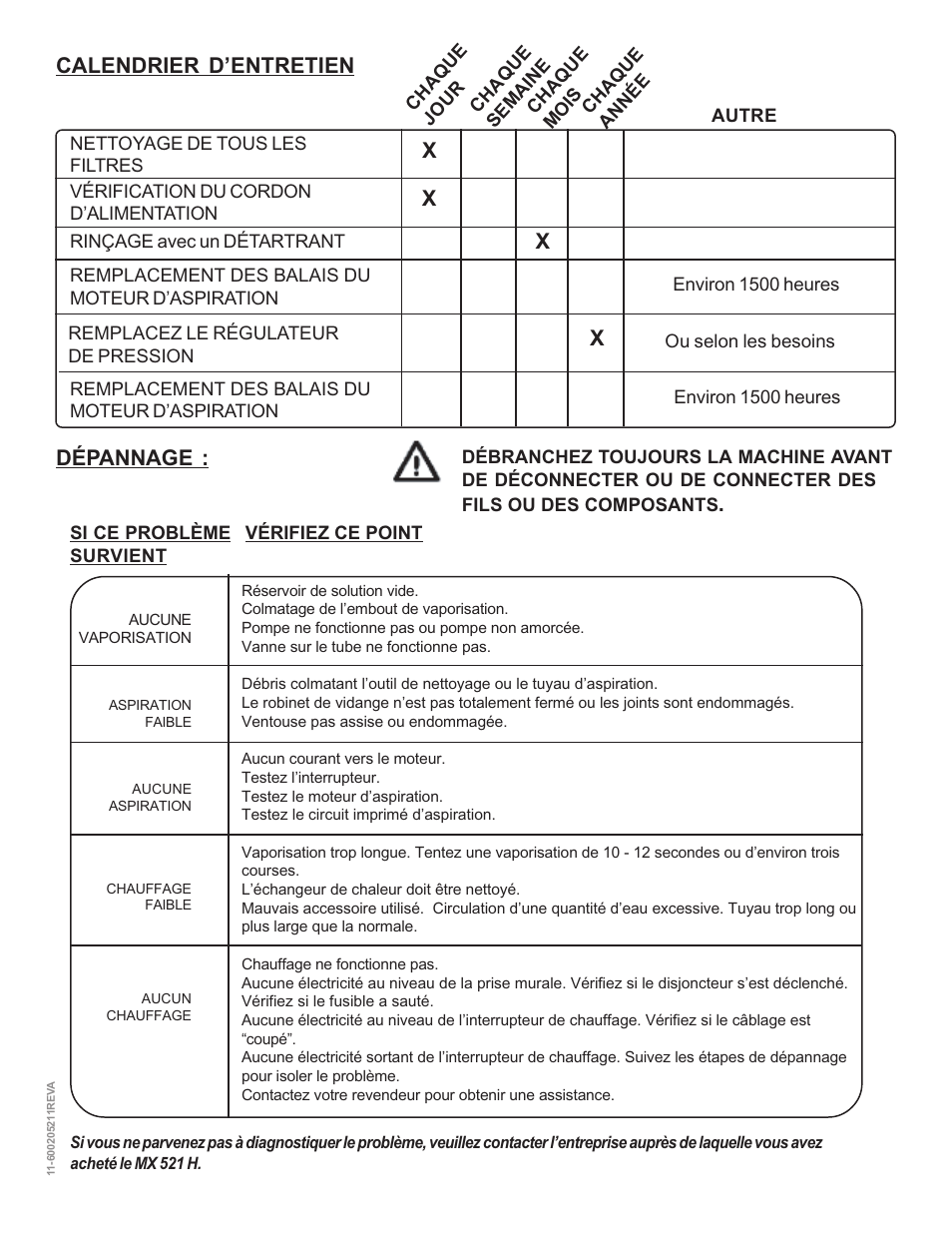 Dépannage, Calendrier d’entretien | Nilfisk-ALTO MX 521 H User Manual | Page 18 / 80