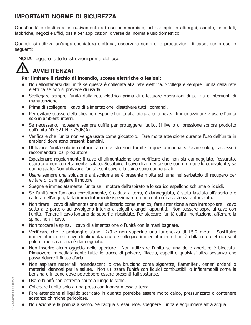 Importanti norme di sicurezza, Avvertenza | Nilfisk-ALTO MX 521 H User Manual | Page 32 / 80