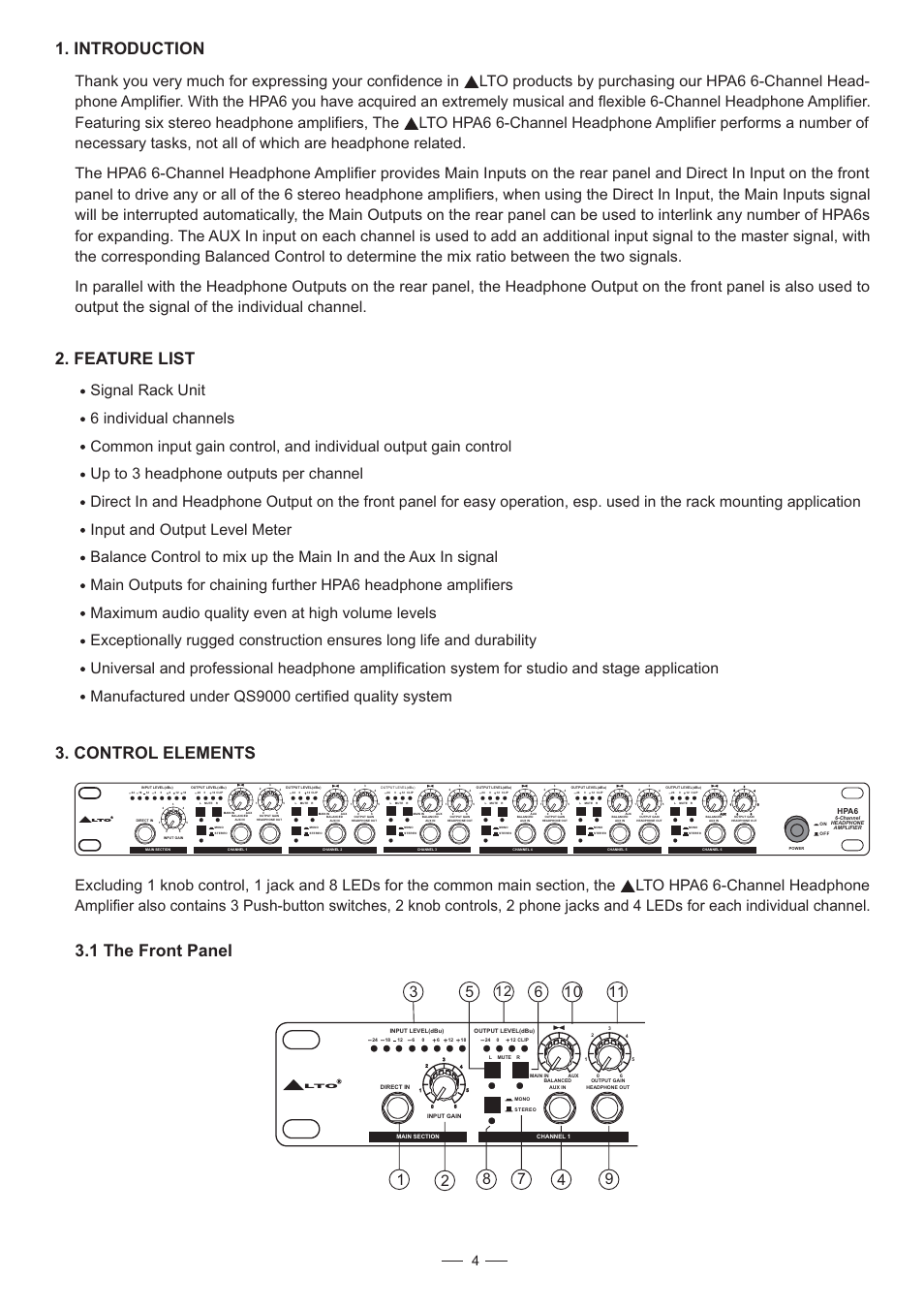 Introduction, Feature list, Control elements 3.1 the ront anel f p | Nilfisk-ALTO HPA6 User Manual | Page 5 / 14