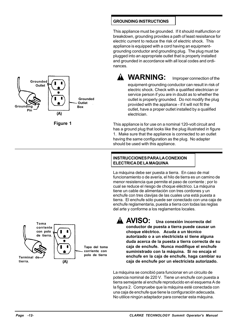 Grounding instructions, Aviso, Warning | Nilfisk-ALTO Wet/Dry Vacuum User Manual | Page 12 / 28