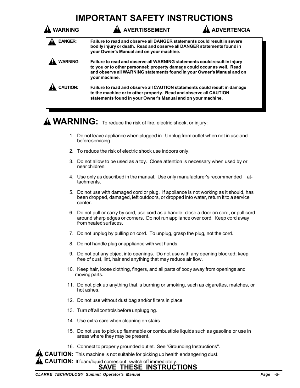 Important safety instructions, Warning, Save these instructions | Nilfisk-ALTO Wet/Dry Vacuum User Manual | Page 5 / 28