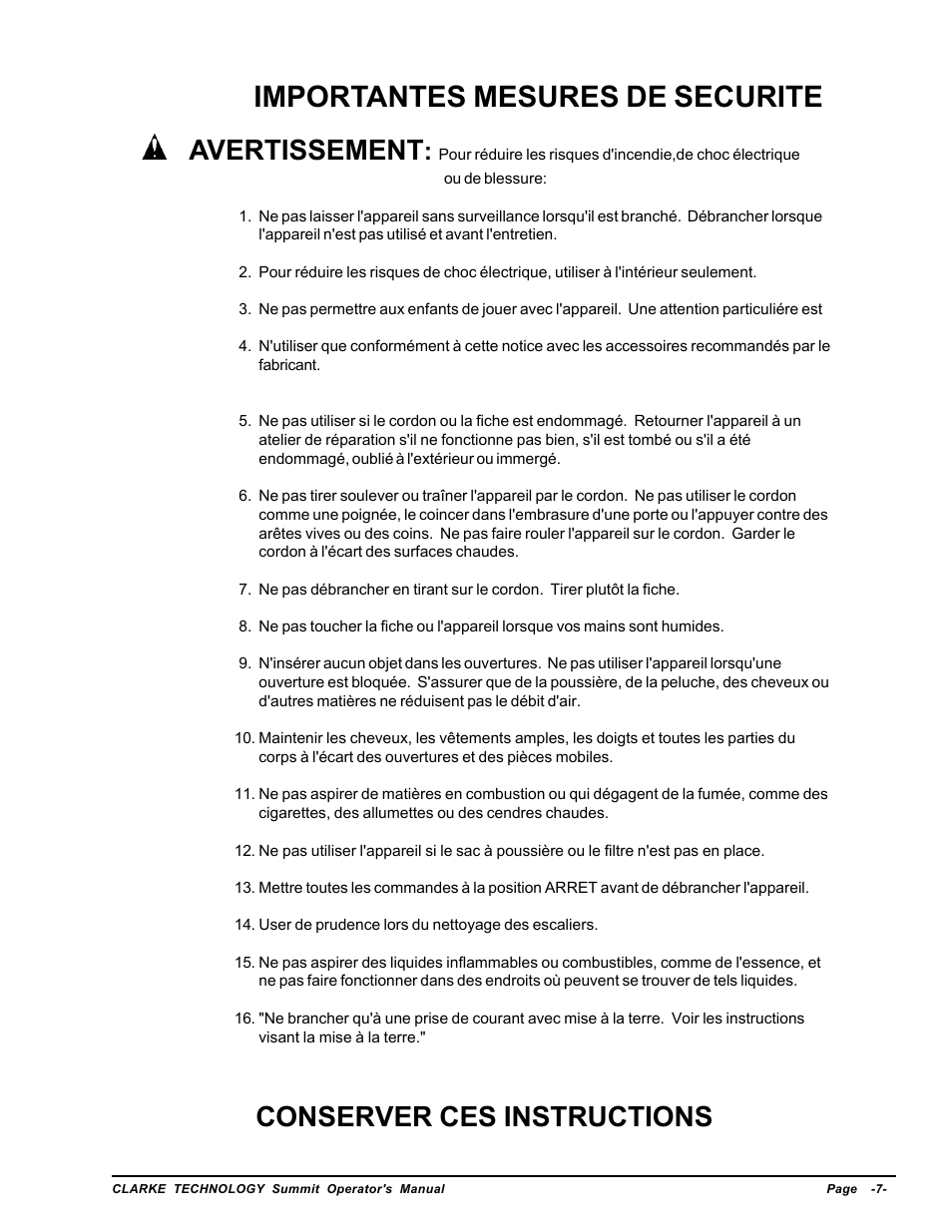Importantes mesures de securite, Avertissement, Conserver ces instructions | Nilfisk-ALTO Wet/Dry Vacuum User Manual | Page 7 / 28