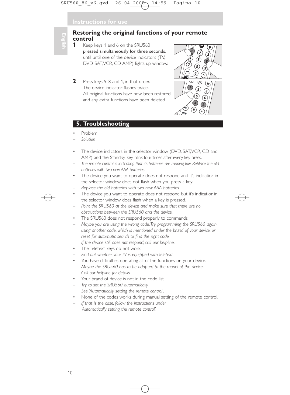 Troubleshooting, Instructions for use | Philips Universal-Fernbedienung User Manual | Page 10 / 84