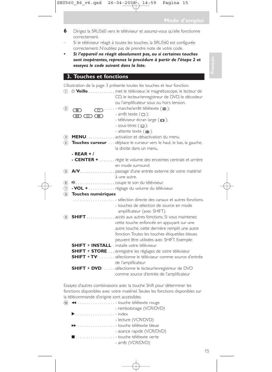 Touches et fonctions, Mode d’emploi, Mode d'emploi | Philips Universal-Fernbedienung User Manual | Page 15 / 84