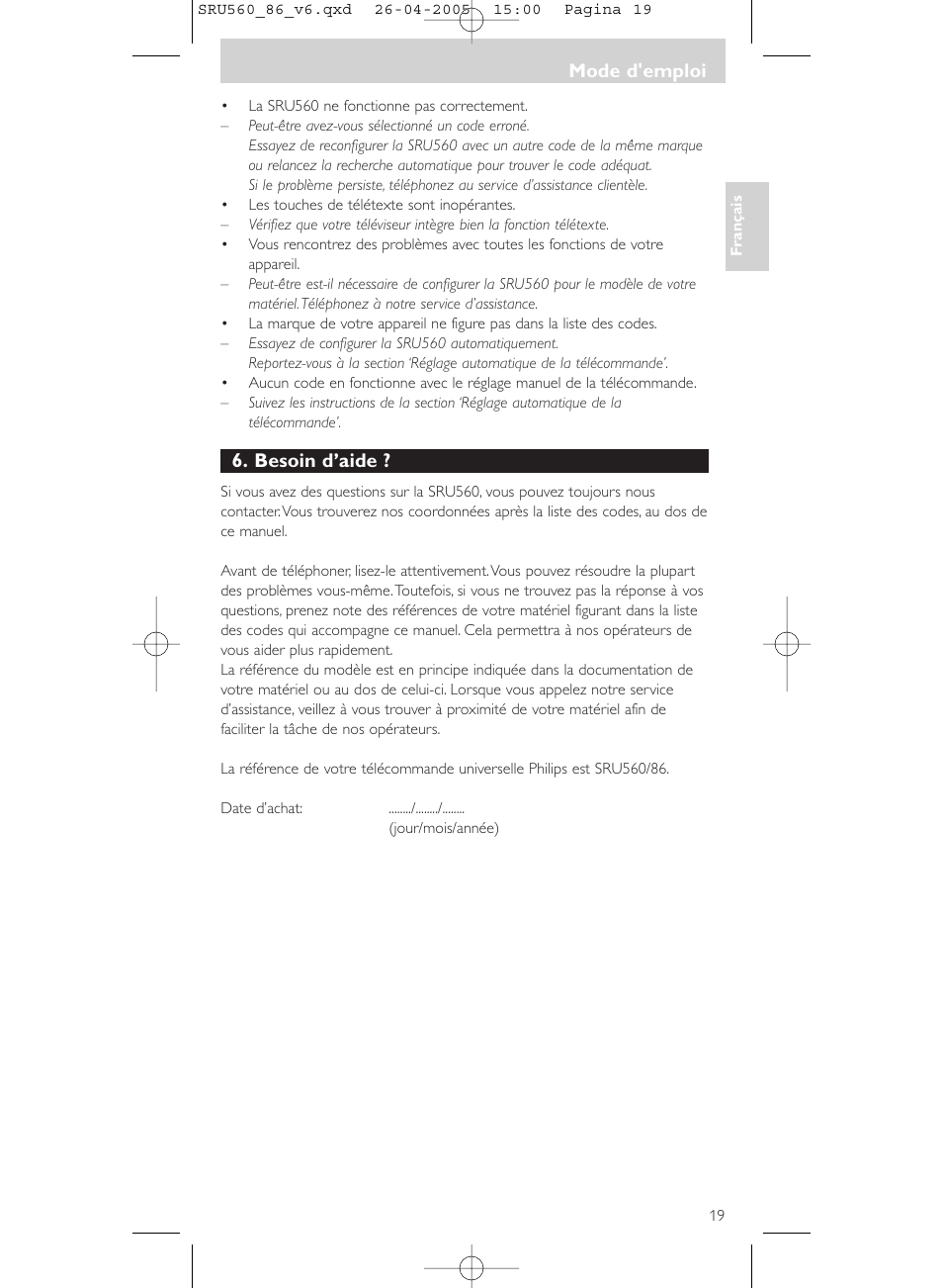 Besoin d’aide, Mode d'emploi | Philips Universal-Fernbedienung User Manual | Page 19 / 84