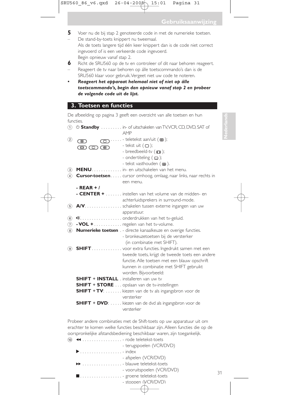 Toetsen en functies, Gebruiksaanwijzing | Philips Universal-Fernbedienung User Manual | Page 31 / 84