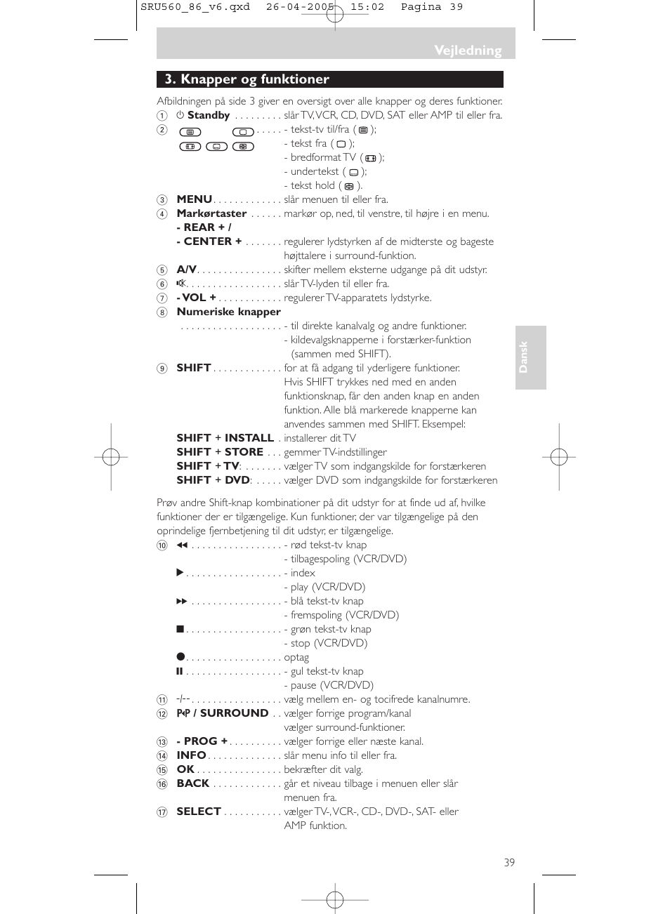 Knapper og funktioner, Vejledning | Philips Universal-Fernbedienung User Manual | Page 39 / 84