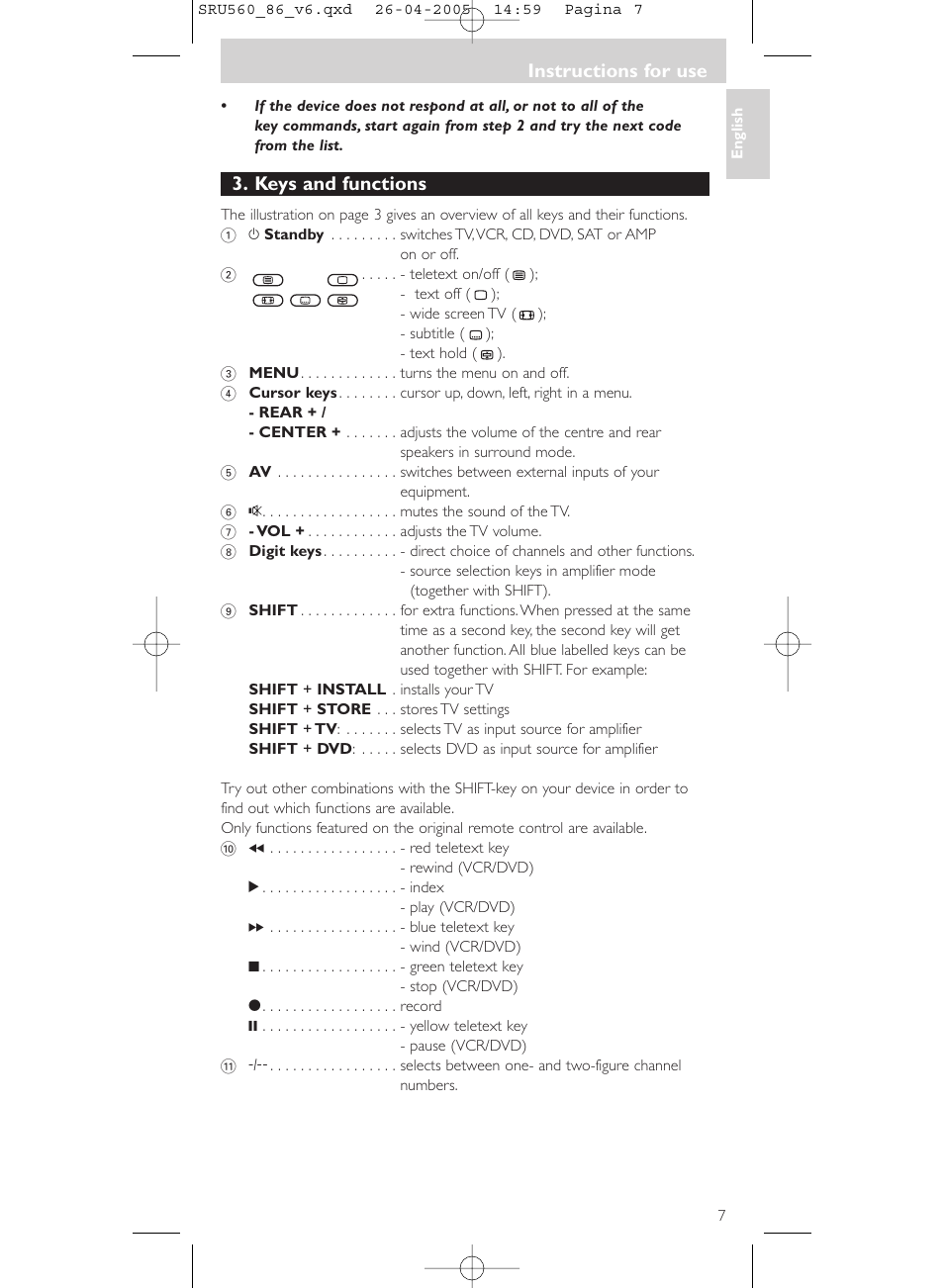 Keys and functions, Instructions for use | Philips Universal-Fernbedienung User Manual | Page 7 / 84