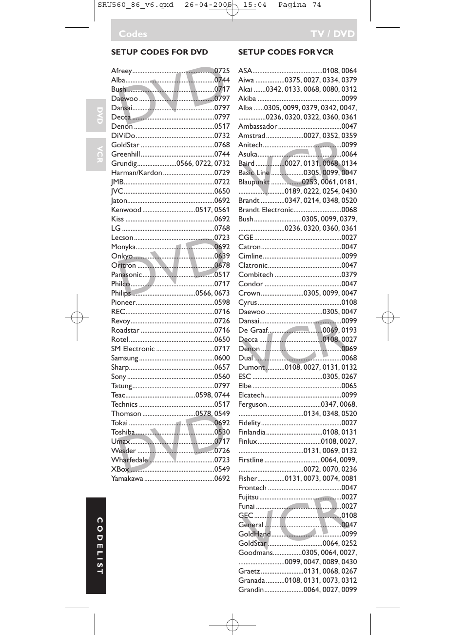 Dvd vcr dvd vcr dvd vcr | Philips Universal-Fernbedienung User Manual | Page 74 / 84