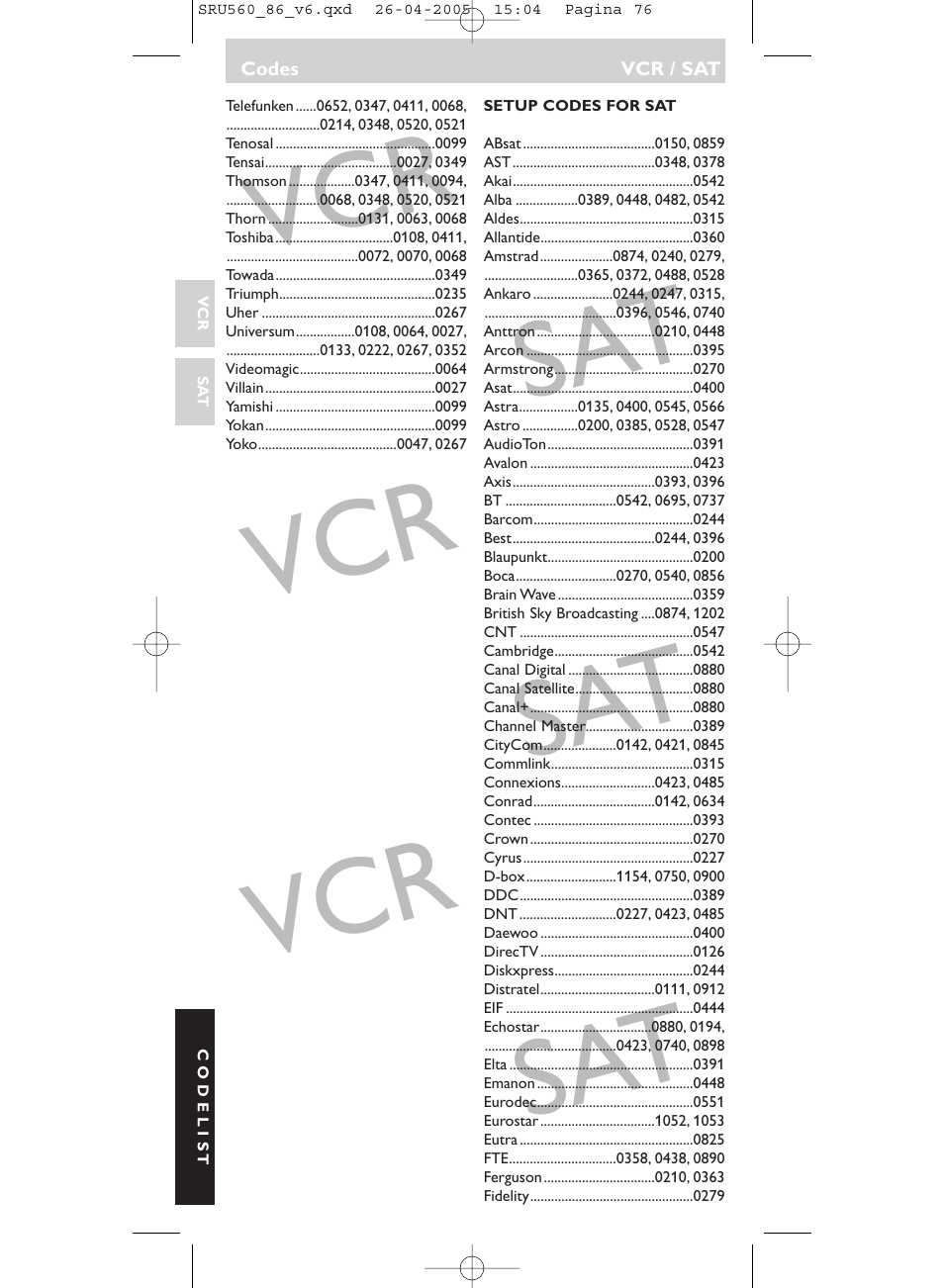 Vcr sat vcr sat vcr sat | Philips Universal-Fernbedienung User Manual | Page 76 / 84