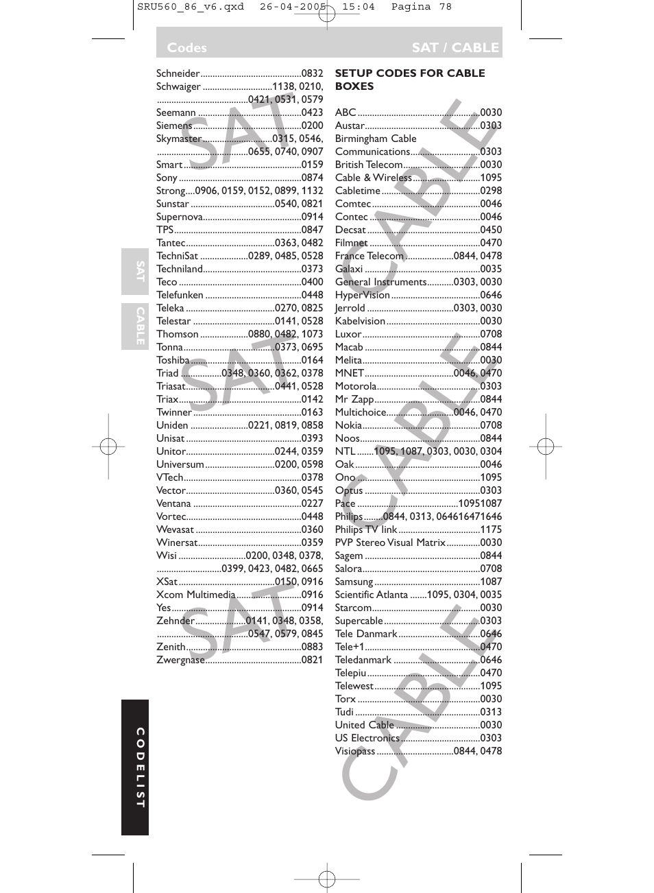 Cable, Cable c able | Philips Universal-Fernbedienung User Manual | Page 78 / 84