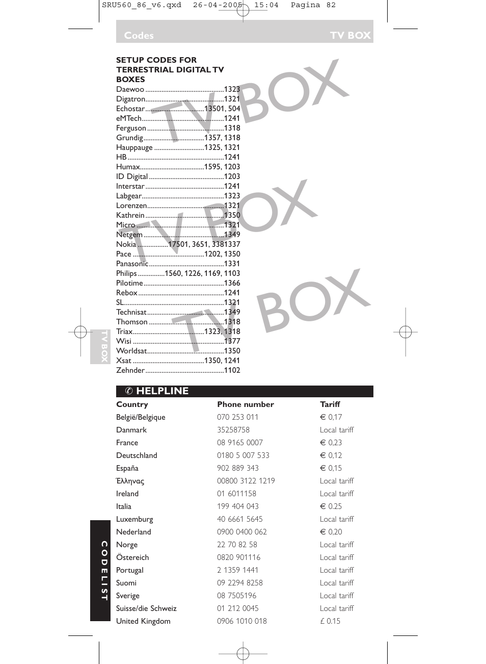 Tv bo x tv bo x tv bo x | Philips Universal-Fernbedienung User Manual | Page 82 / 84