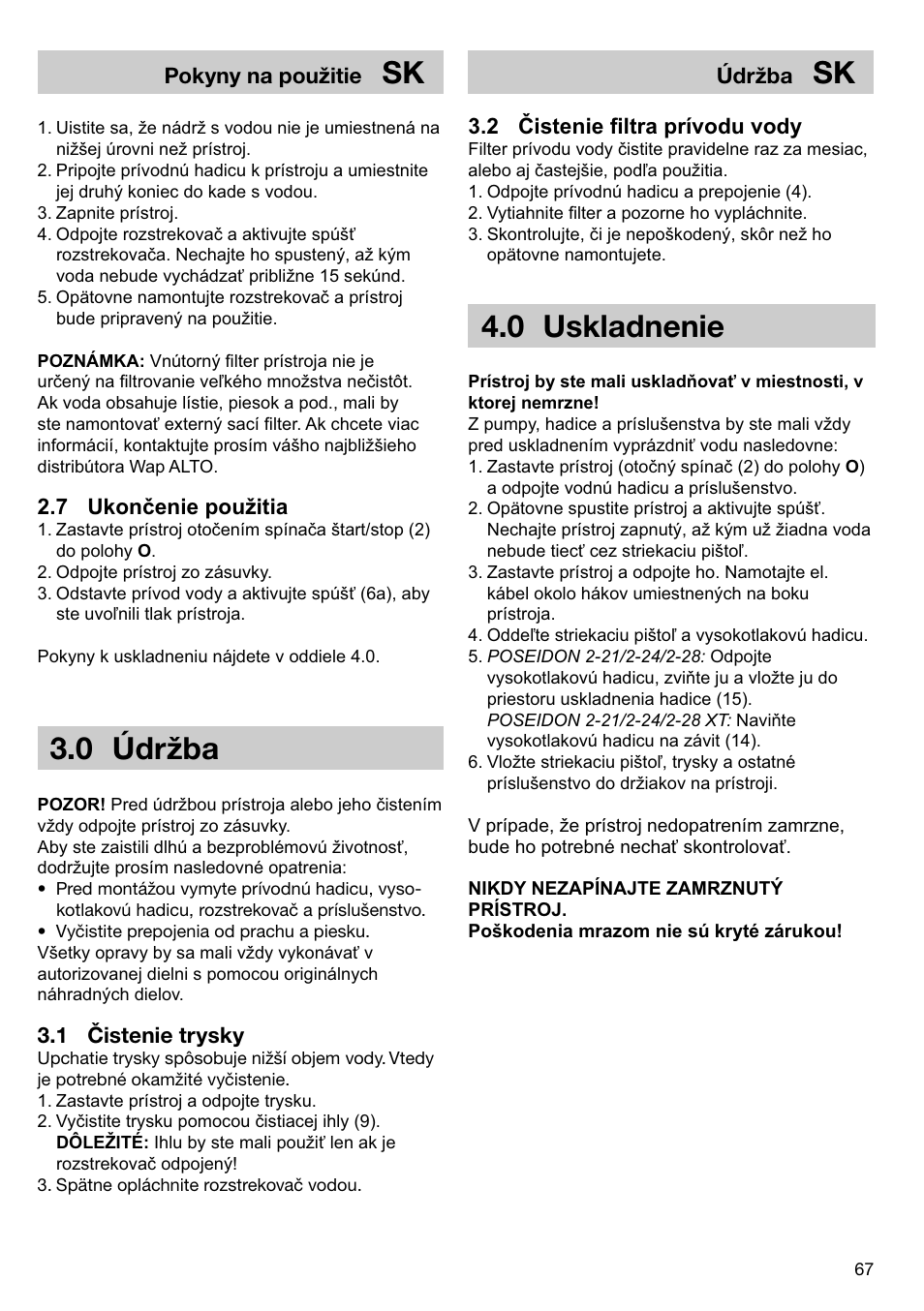 0 uskladnenie, 0 údržba | Nilfisk-ALTO POSEIDON 2-21 User Manual | Page 6 / 14