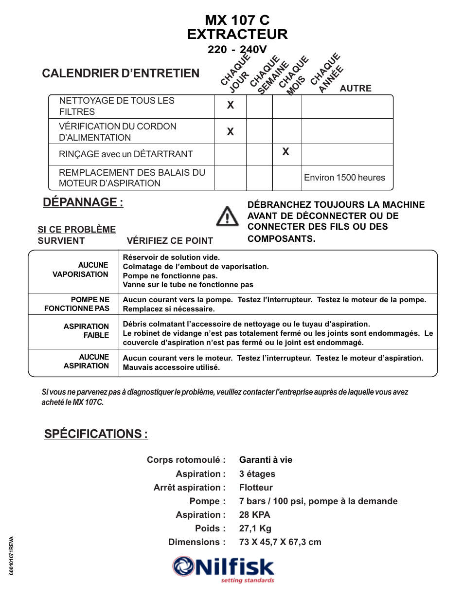 Mx 107 c extracteur, Spécifications, Dépannage | Calendrier d’entretien | Nilfisk-ALTO MX 107 C User Manual | Page 16 / 64