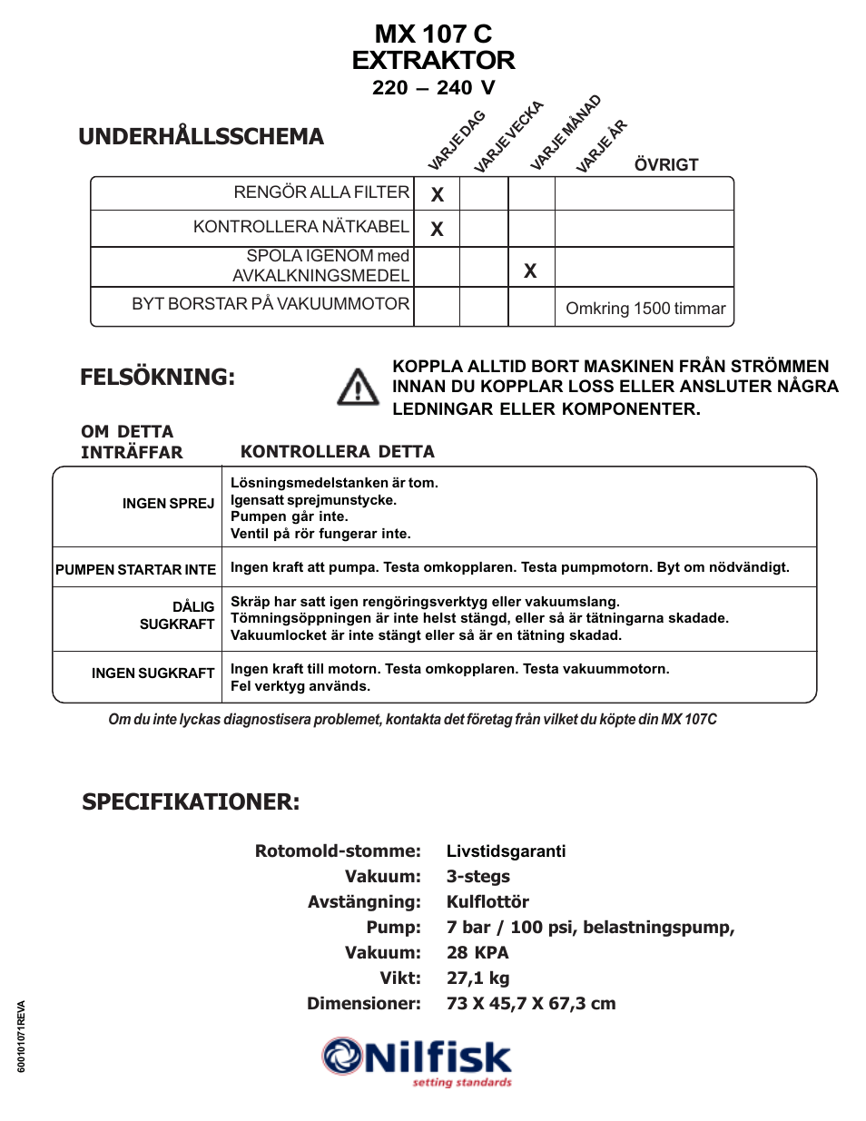 Mx 107 c extraktor, Specifikationer, Felsökning | Underhållsschema | Nilfisk-ALTO MX 107 C User Manual | Page 48 / 64