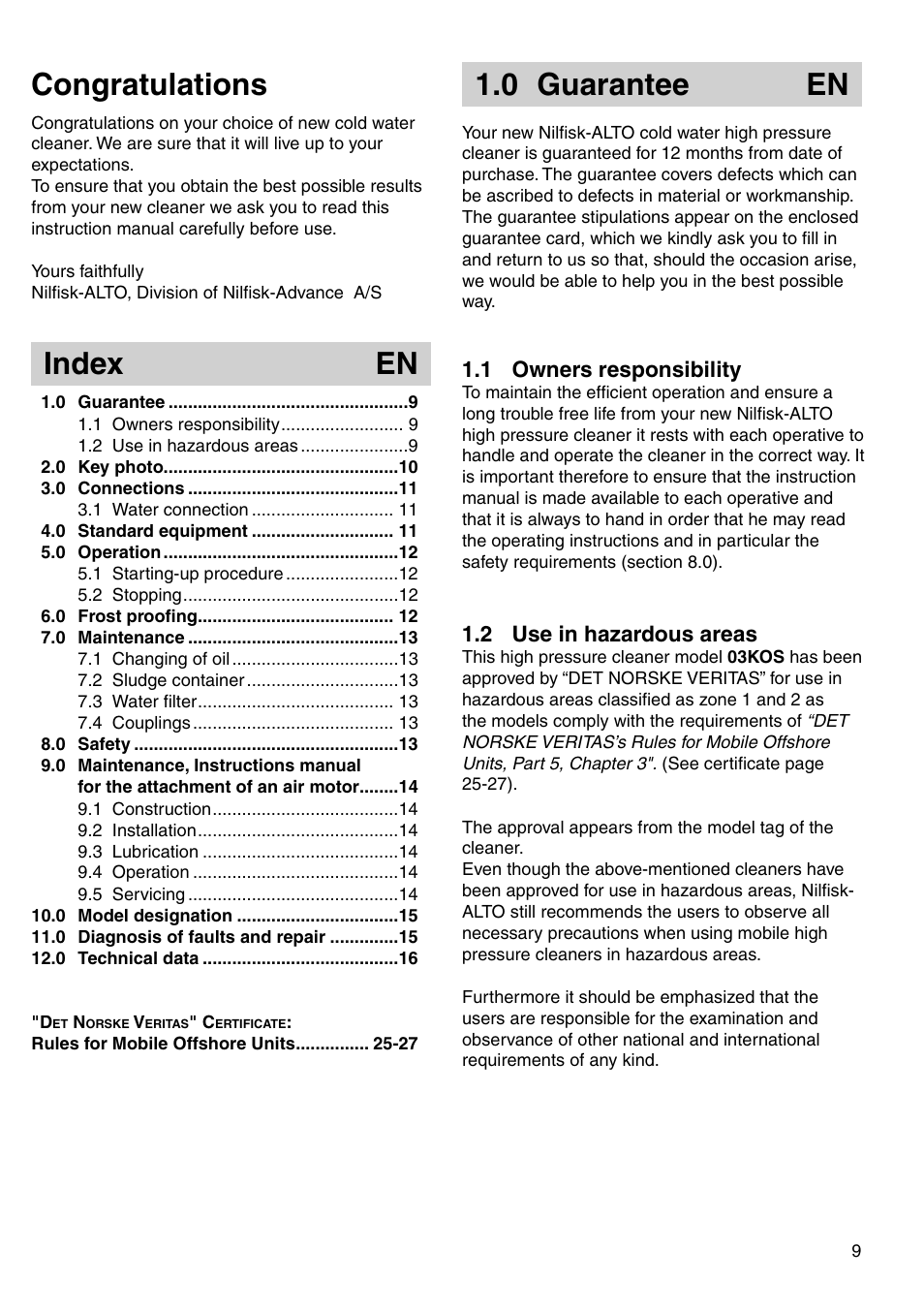 Index en, 0 guarantee en | Nilfisk-ALTO 03KLU User Manual | Page 3 / 15