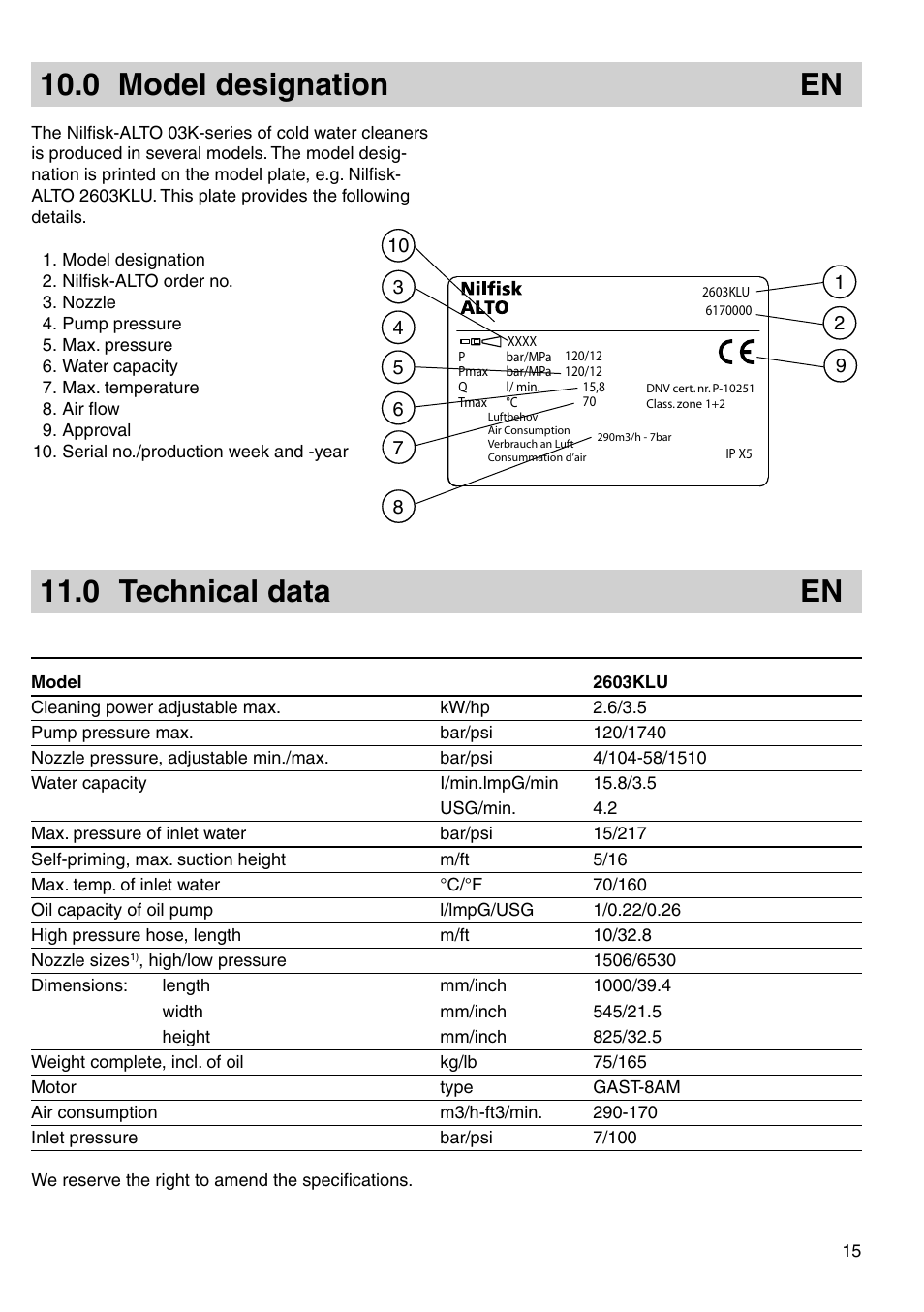 0 model designation en, 0 technical data en | Nilfisk-ALTO 03KLU User Manual | Page 9 / 15