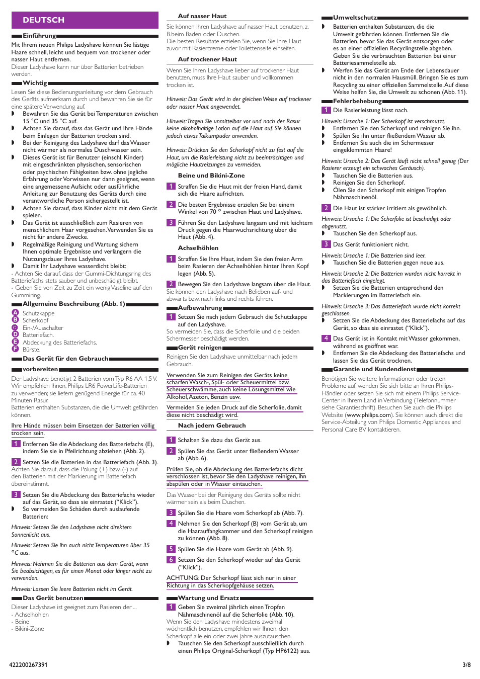 Deutsch | Philips Ladyshave User Manual | Page 3 / 8