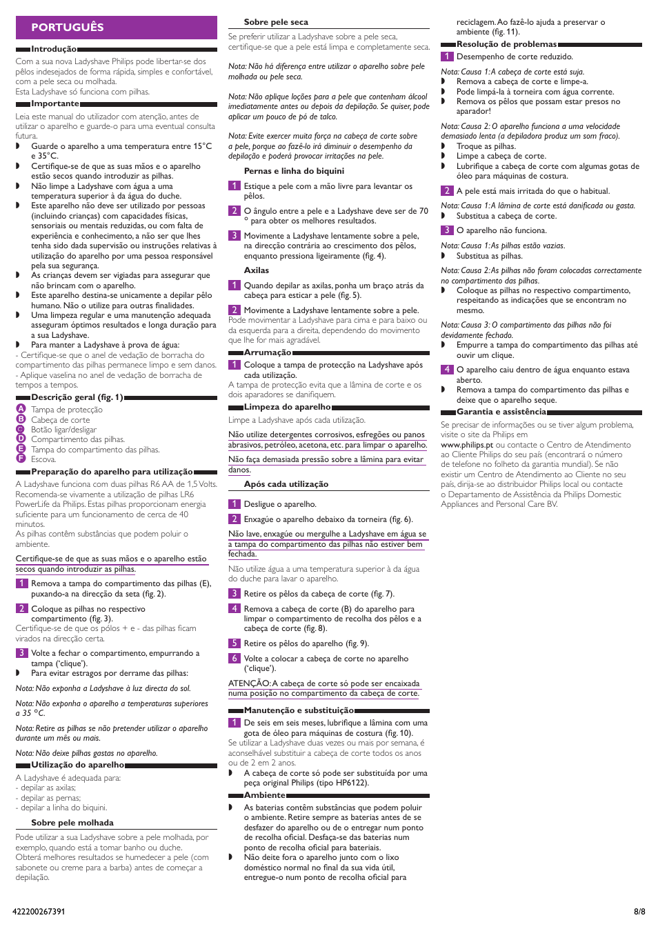 Português | Philips Ladyshave User Manual | Page 8 / 8
