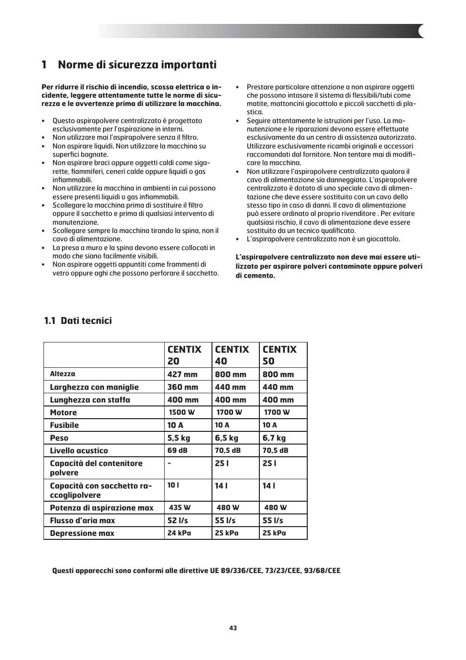 1 norme di sicurezza importanti, 1 dati tecnici | Nilfisk-ALTO Centix 40 User Manual | Page 4 / 107