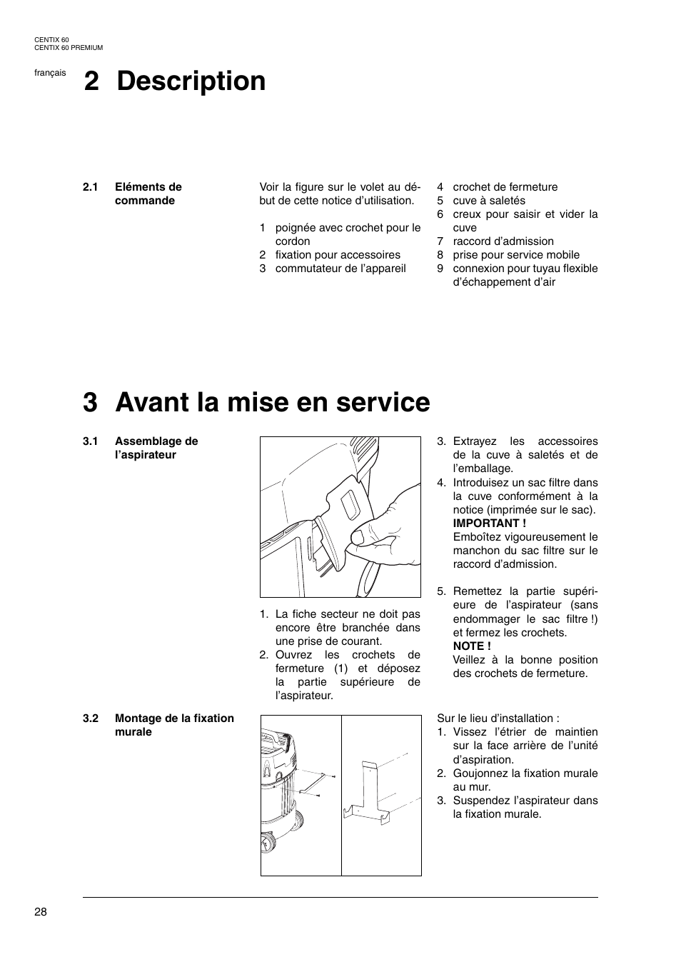 2 description, 3 avant la mise en service | Nilfisk-ALTO Centix 40 User Manual | Page 46 / 107