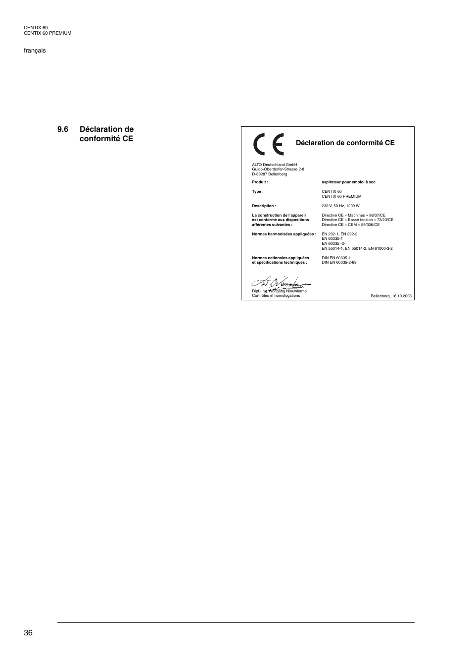 6 déclaration de conformité ce, Déclaration de conformité ce | Nilfisk-ALTO Centix 40 User Manual | Page 54 / 107