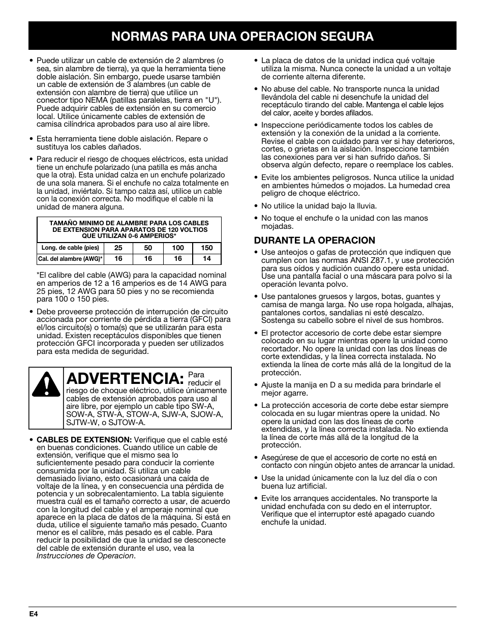 Advertencia, Normas para una operacion segura | Nilfisk-ALTO TB50 User Manual | Page 32 / 48