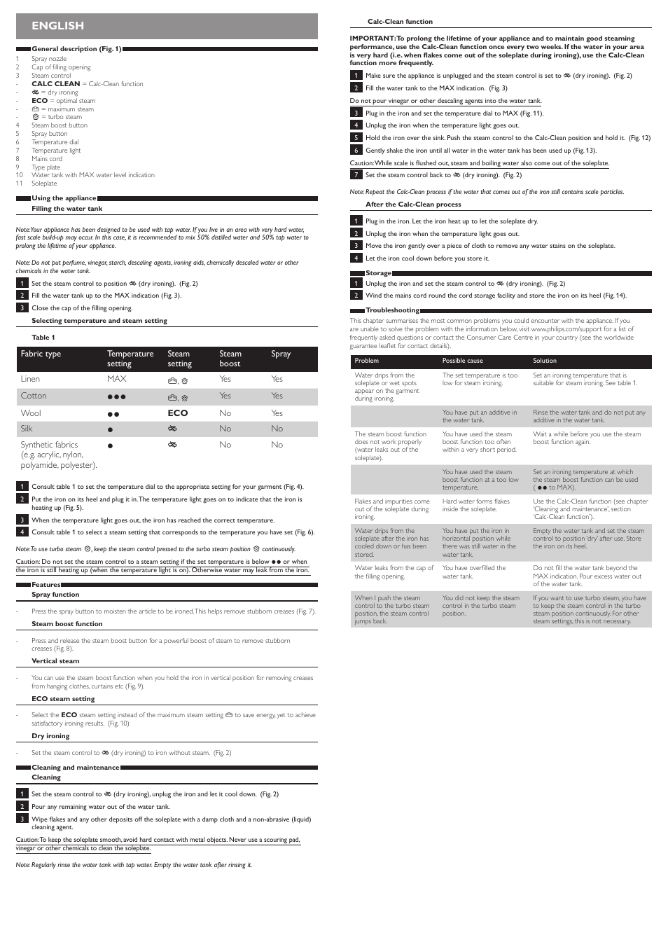 English | Philips EasySpeed Dampfbügeleisen User Manual | Page 2 / 10