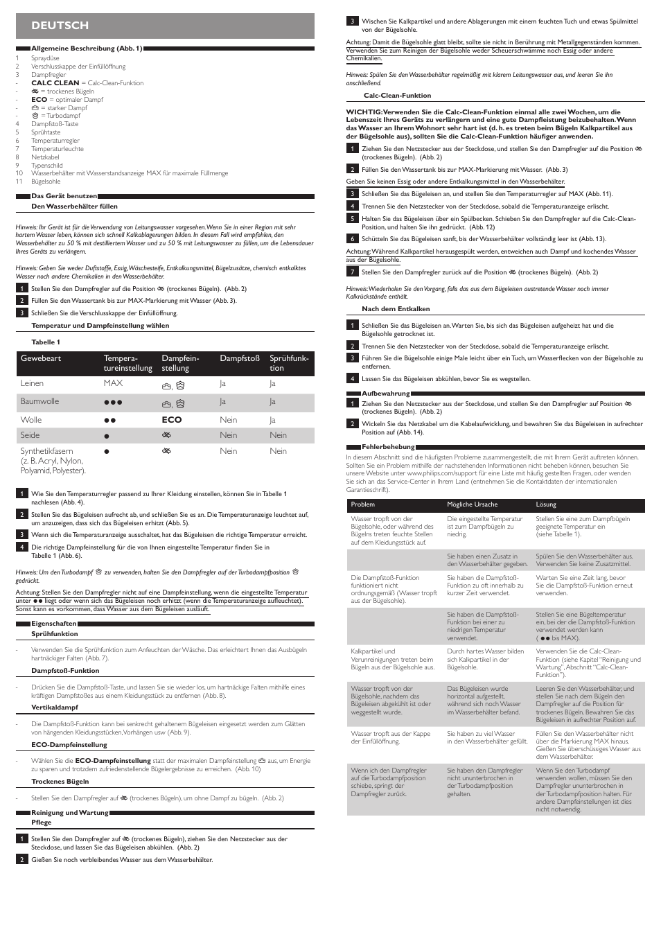 Deutsch | Philips EasySpeed Dampfbügeleisen User Manual | Page 3 / 10