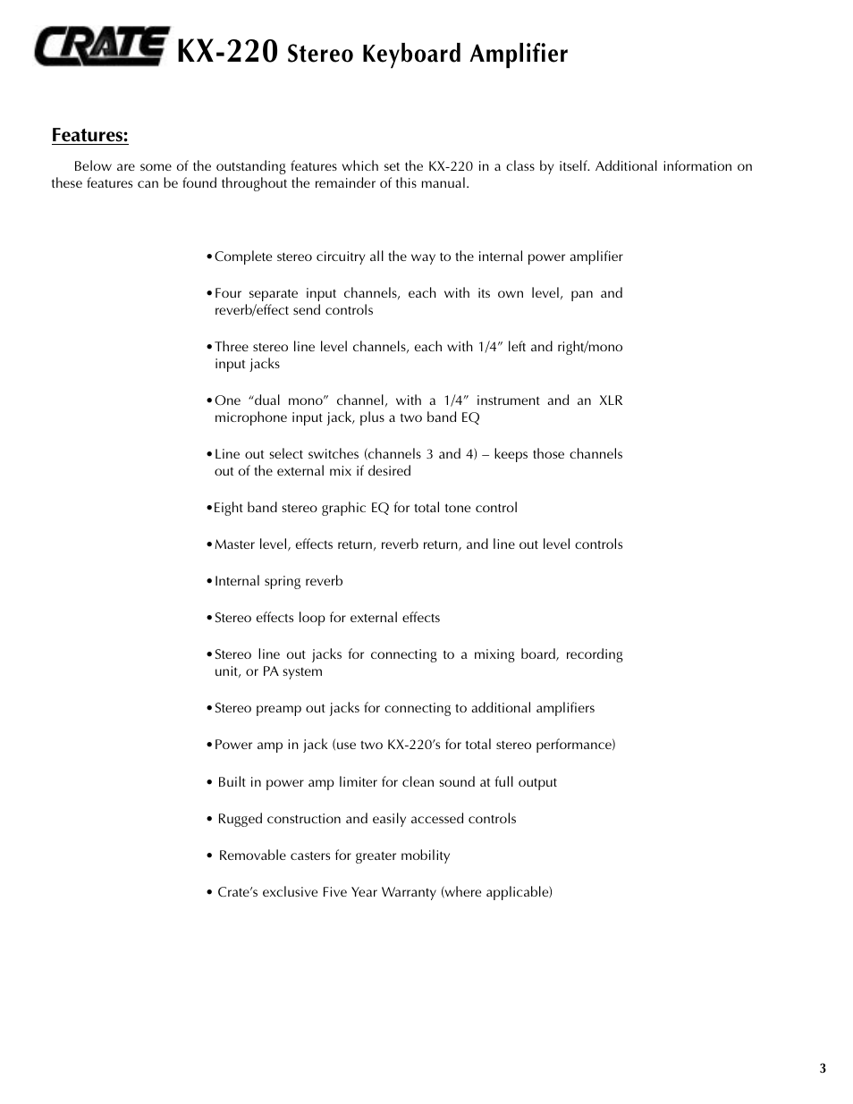 Kx-220, Stereo keyboard amplifier, Features | Nilfisk-ALTO KX-220 User Manual | Page 3 / 8