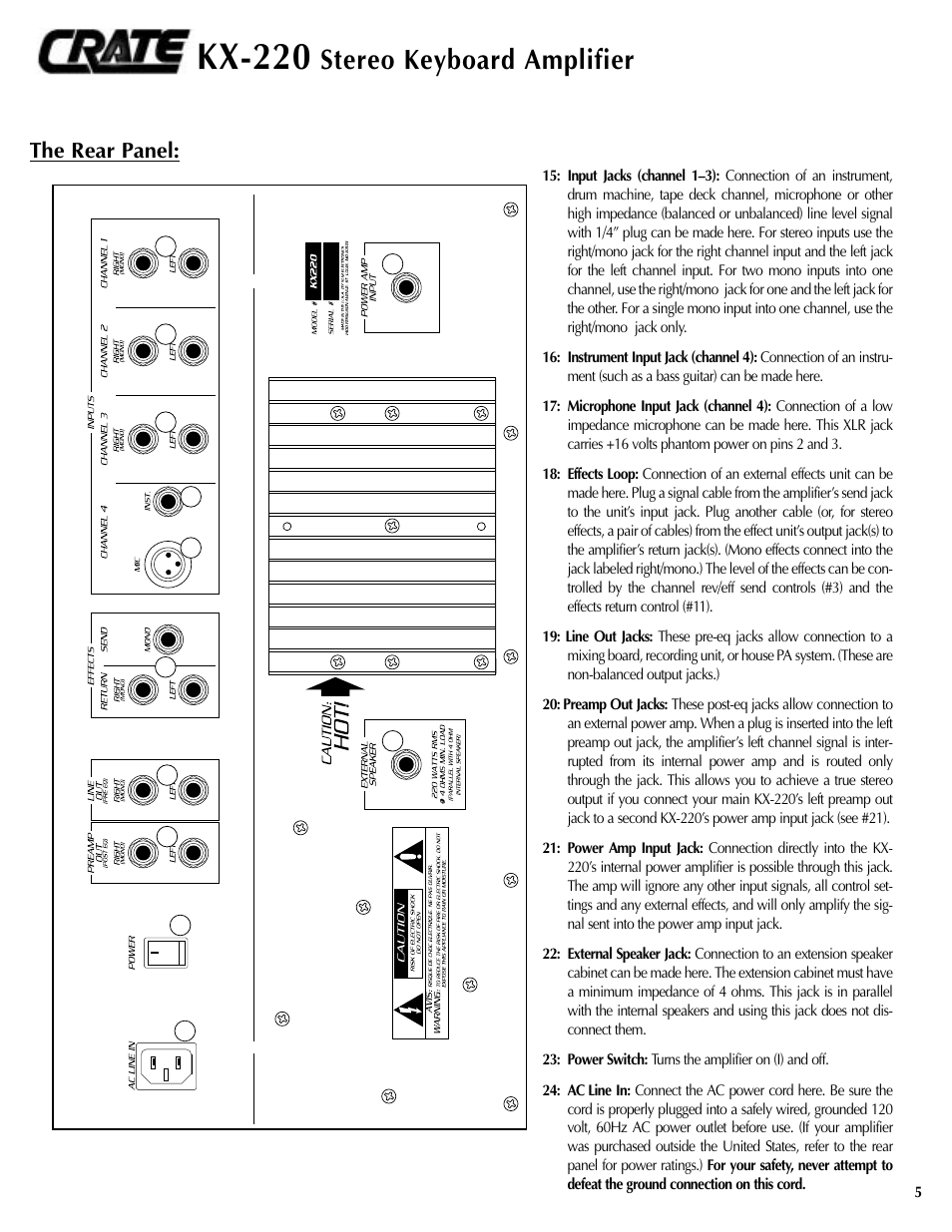 Kx-220, Stereo keyboard amplifier, The rear panel | Nilfisk-ALTO KX-220 User Manual | Page 5 / 8