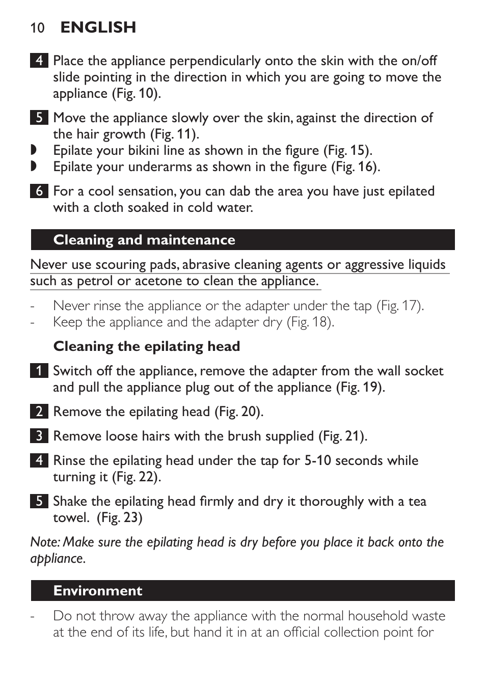 Cleaning the epilating head, Cleaning and maintenance, Environment | Philips Epilierer User Manual | Page 10 / 64