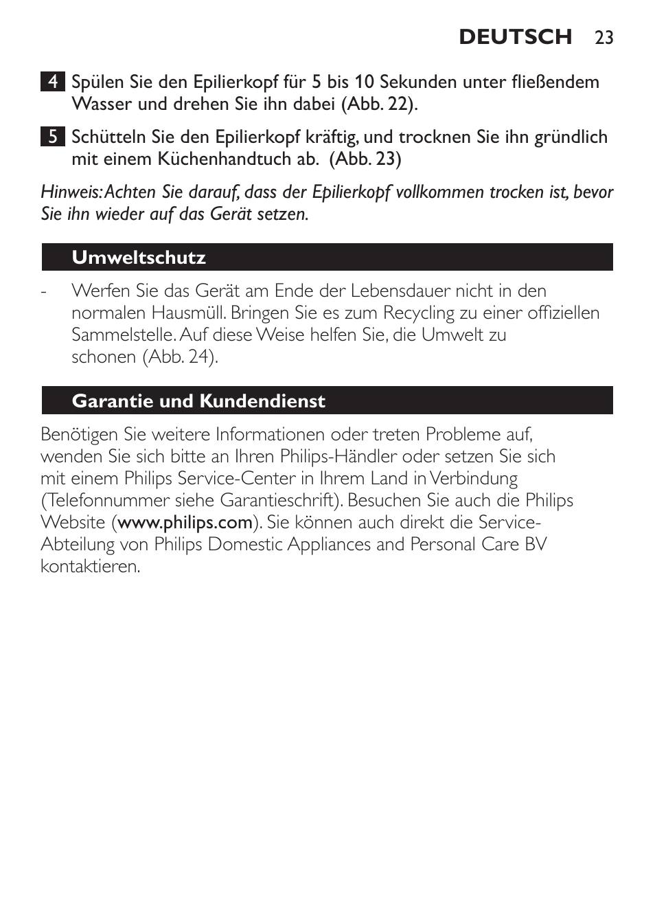 Umweltschutz, Garantie und kundendienst | Philips Epilierer User Manual | Page 23 / 64