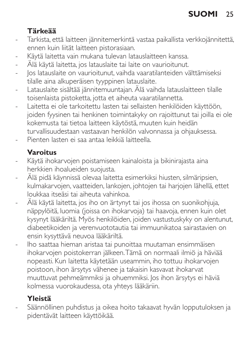 Tärkeää, Varoitus, Yleistä | Philips Epilierer User Manual | Page 25 / 64