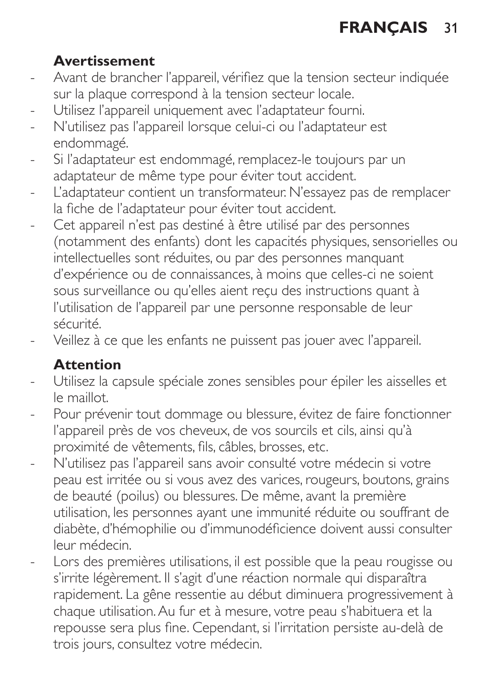 Avertissement, Attention | Philips Epilierer User Manual | Page 31 / 64