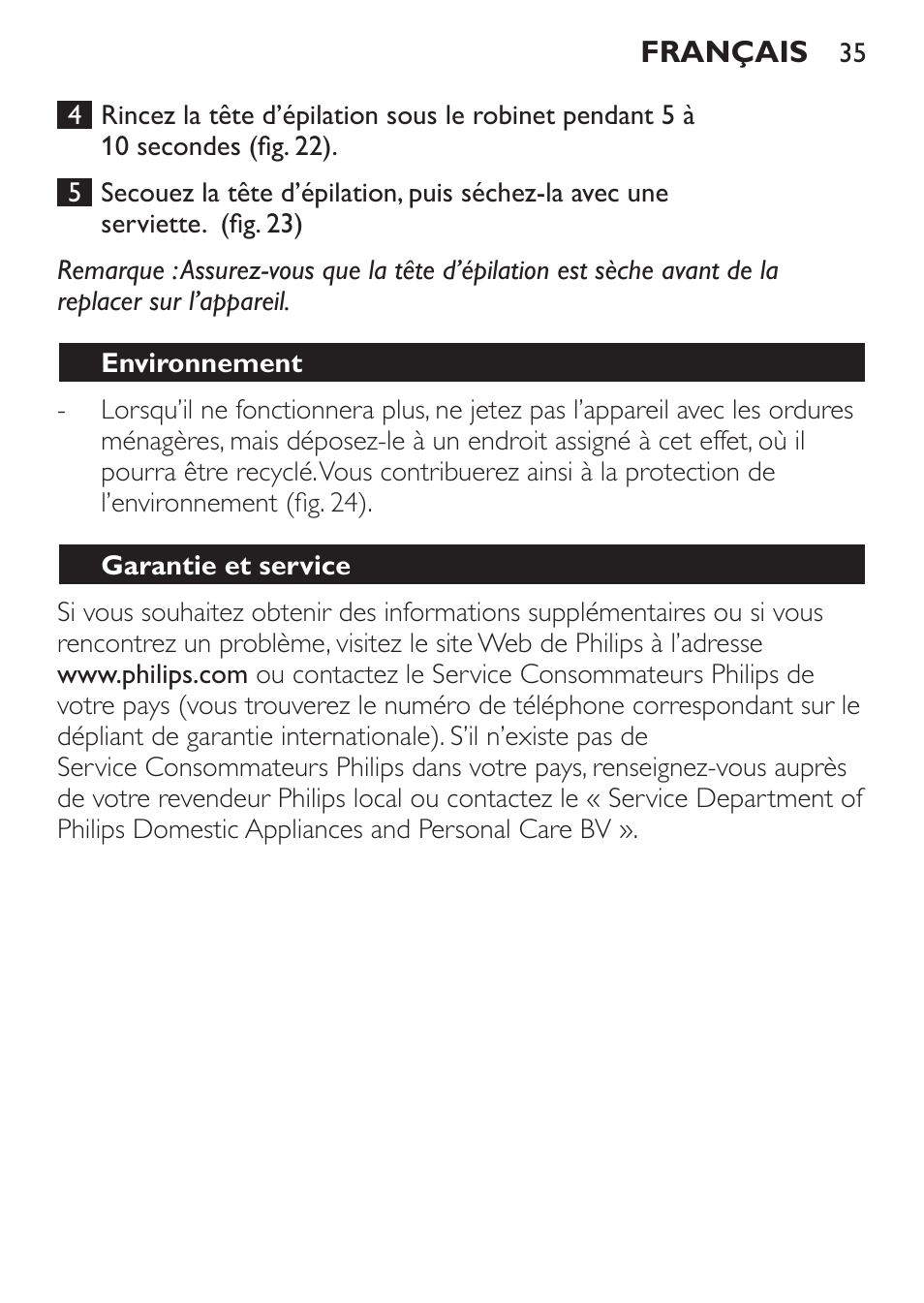 Environnement, Garantie et service | Philips Epilierer User Manual | Page 35 / 64