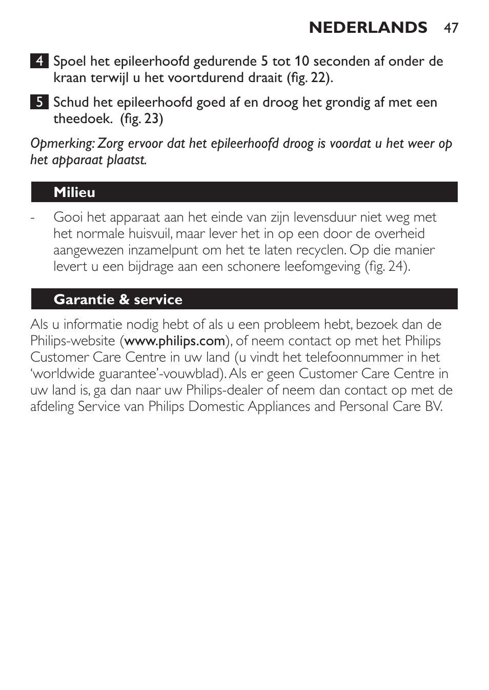 Milieu, Garantie & service | Philips Epilierer User Manual | Page 47 / 64