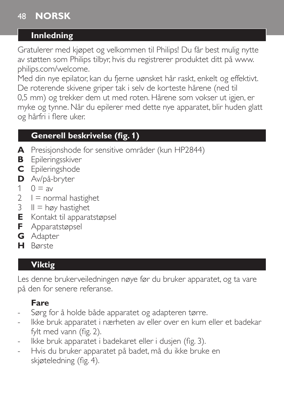 Fare, Norsk, Innledning | Generell beskrivelse (fig. 1), Viktig | Philips Epilierer User Manual | Page 48 / 64