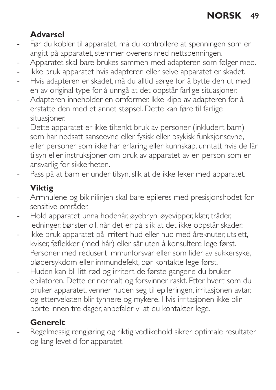 Advarsel, Viktig, Generelt | Philips Epilierer User Manual | Page 49 / 64