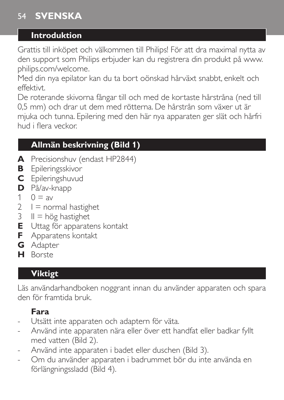 Fara, Svenska, Introduktion | Allmän beskrivning (bild 1), Viktigt | Philips Epilierer User Manual | Page 54 / 64