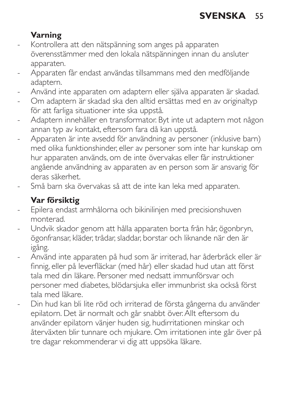 Varning, Var försiktig | Philips Epilierer User Manual | Page 55 / 64