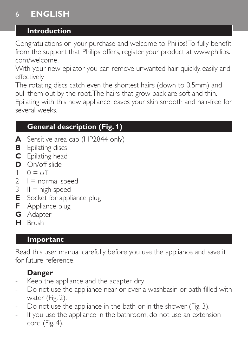 English, Introduction, General description (fig. 1) | Important, Danger | Philips Epilierer User Manual | Page 6 / 64