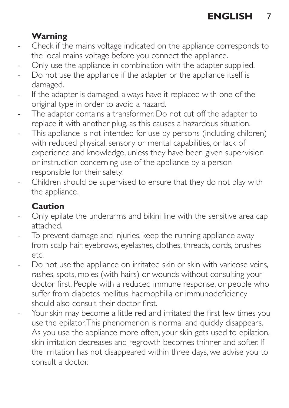 Warning, Caution | Philips Epilierer User Manual | Page 7 / 64