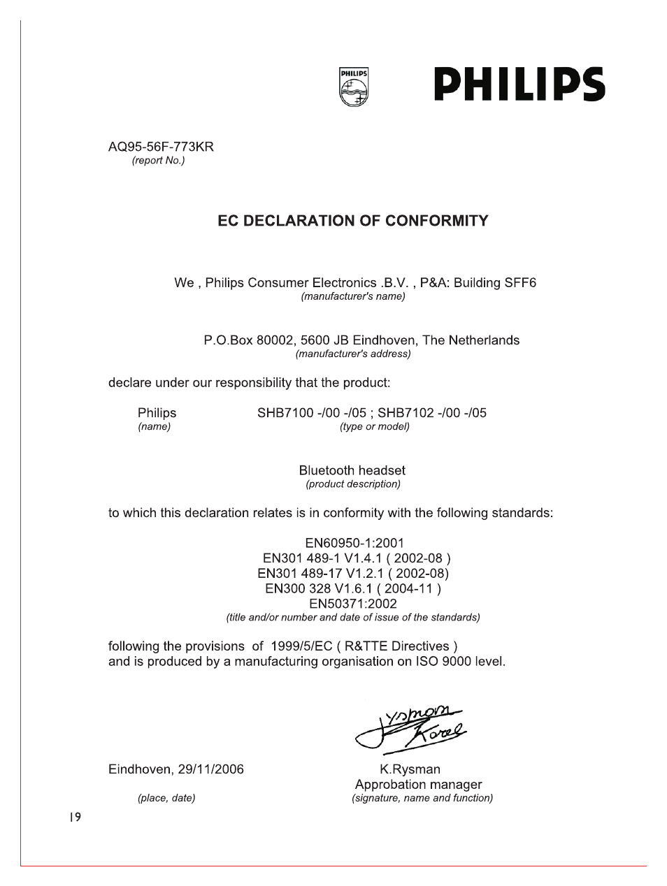 Ec declaration of conformity, Philips | Philips Bluetooth-Stereo-Headset User Manual | Page 107 / 107