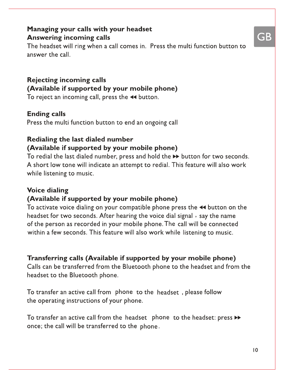 Rejecting incoming calls, Ending calls, Voice dialing | Philips Bluetooth-Stereo-Headset User Manual | Page 12 / 107