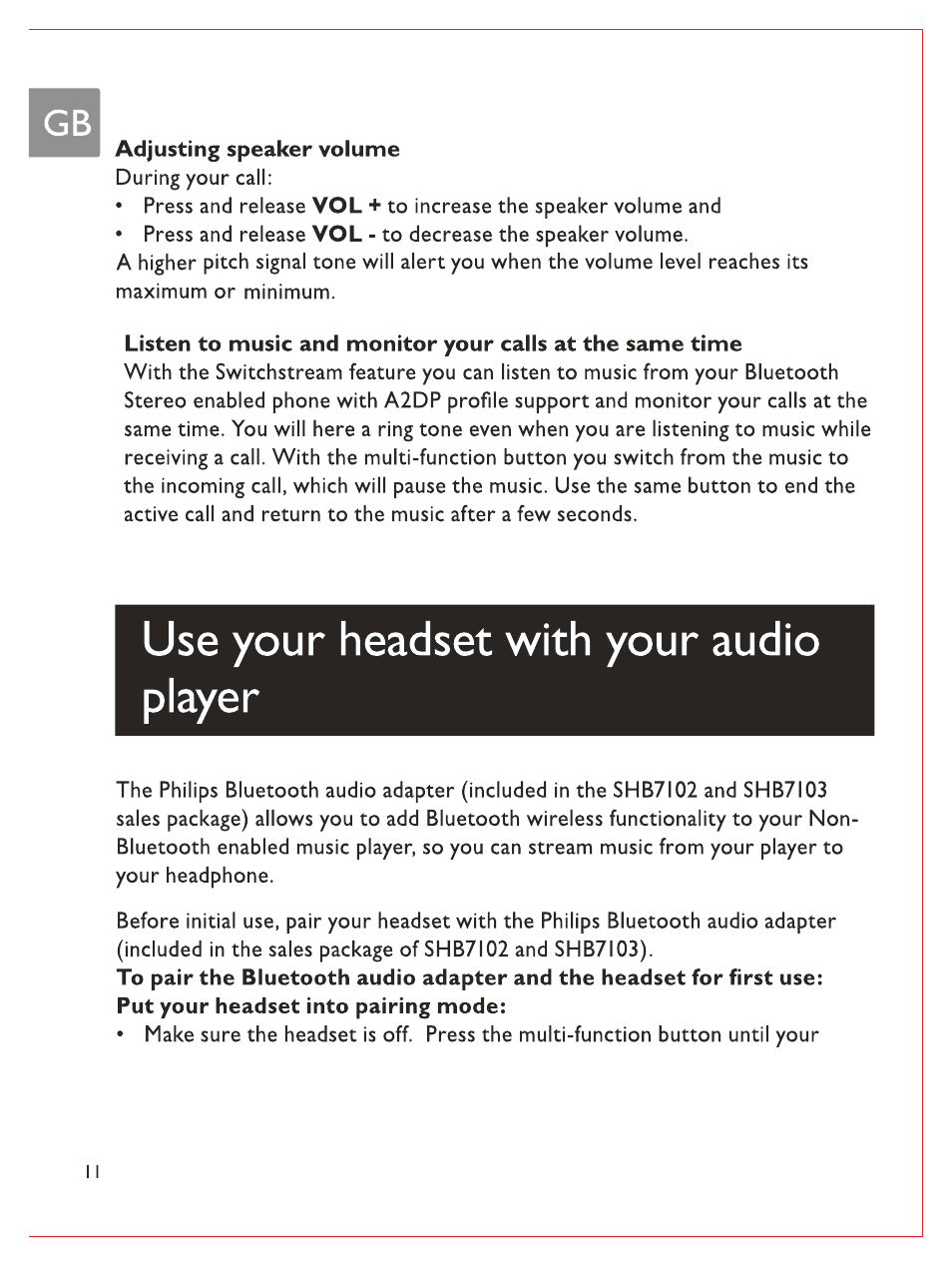 Adjusting speaker volume, Use your headset with your audio player | Philips Bluetooth-Stereo-Headset User Manual | Page 13 / 107