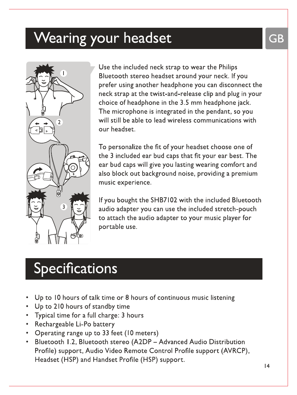 Wearing your headset, Specifications | Philips Bluetooth-Stereo-Headset User Manual | Page 16 / 107