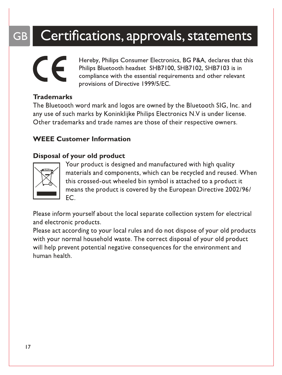 Gb certifications, approvals, statements, Trademarks, Weee customer information | Disposal of your old product, Certifications, approvals, statements | Philips Bluetooth-Stereo-Headset User Manual | Page 19 / 107