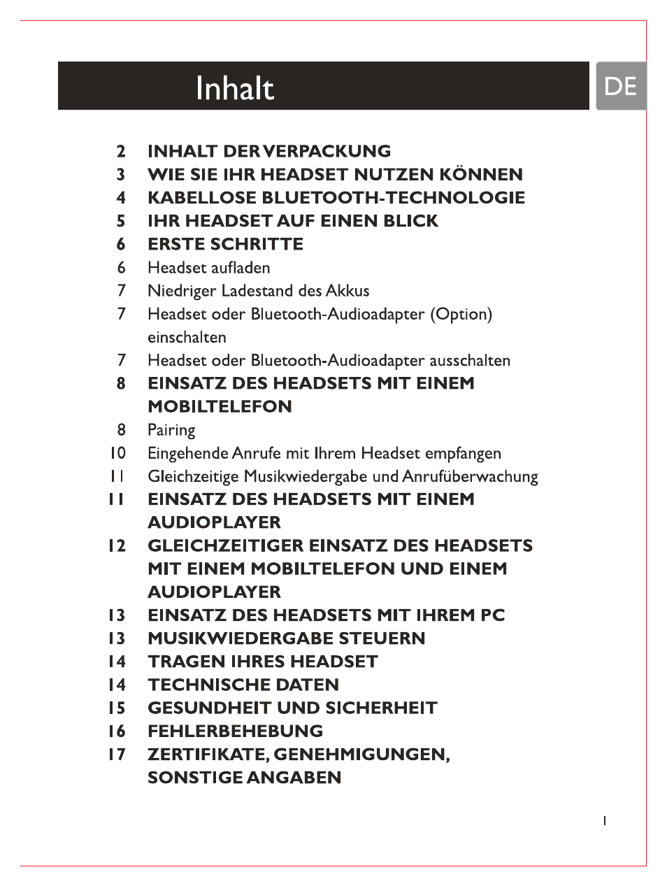 Inhalt | Philips Bluetooth-Stereo-Headset User Manual | Page 20 / 107